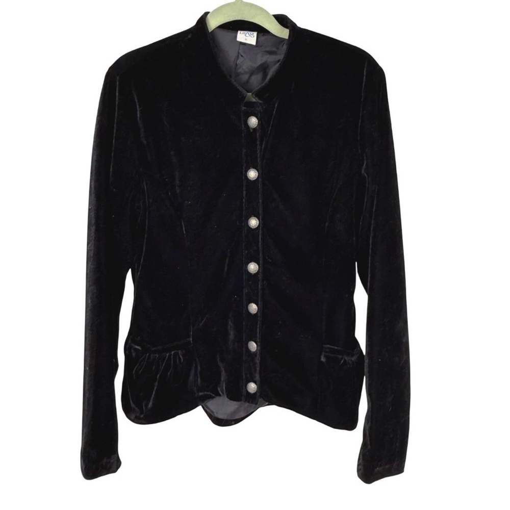 Black Velvet Blazer with Silver Buttons, Mandarin Collar Sz S